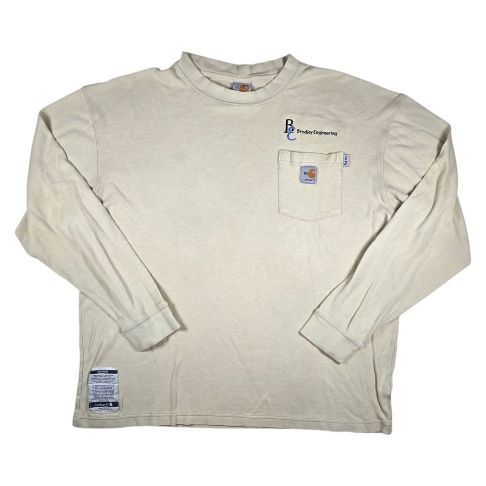 Carhartt FR Flame Resistant Beige Long Sleeve Pocket Tee T Shirt Men's Sz L LOGO